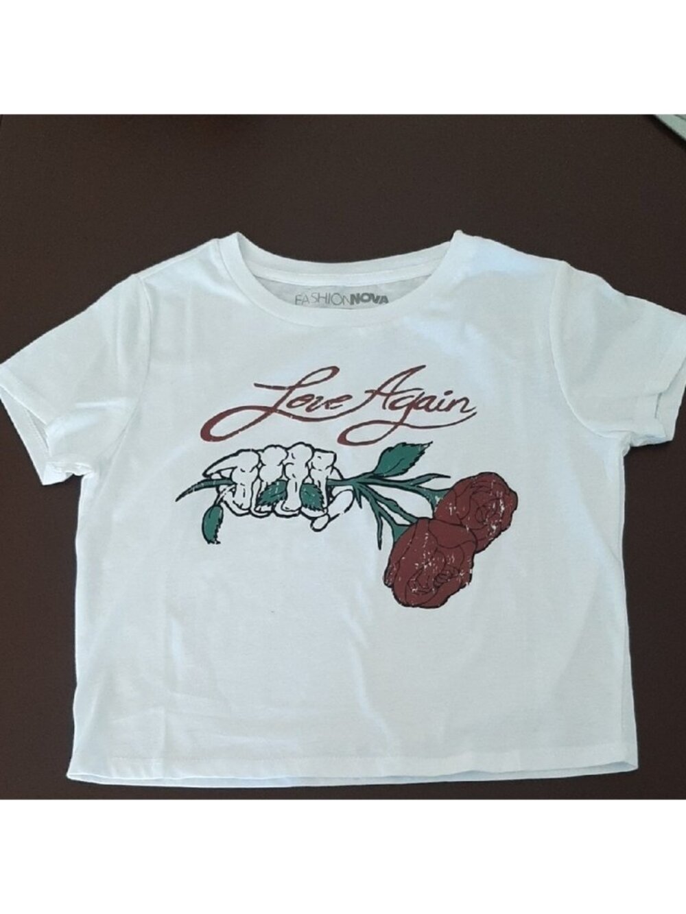 Fashion Nova Love Again Skeleton Hand Rose Graphic Tee White Short Sleeve Crop